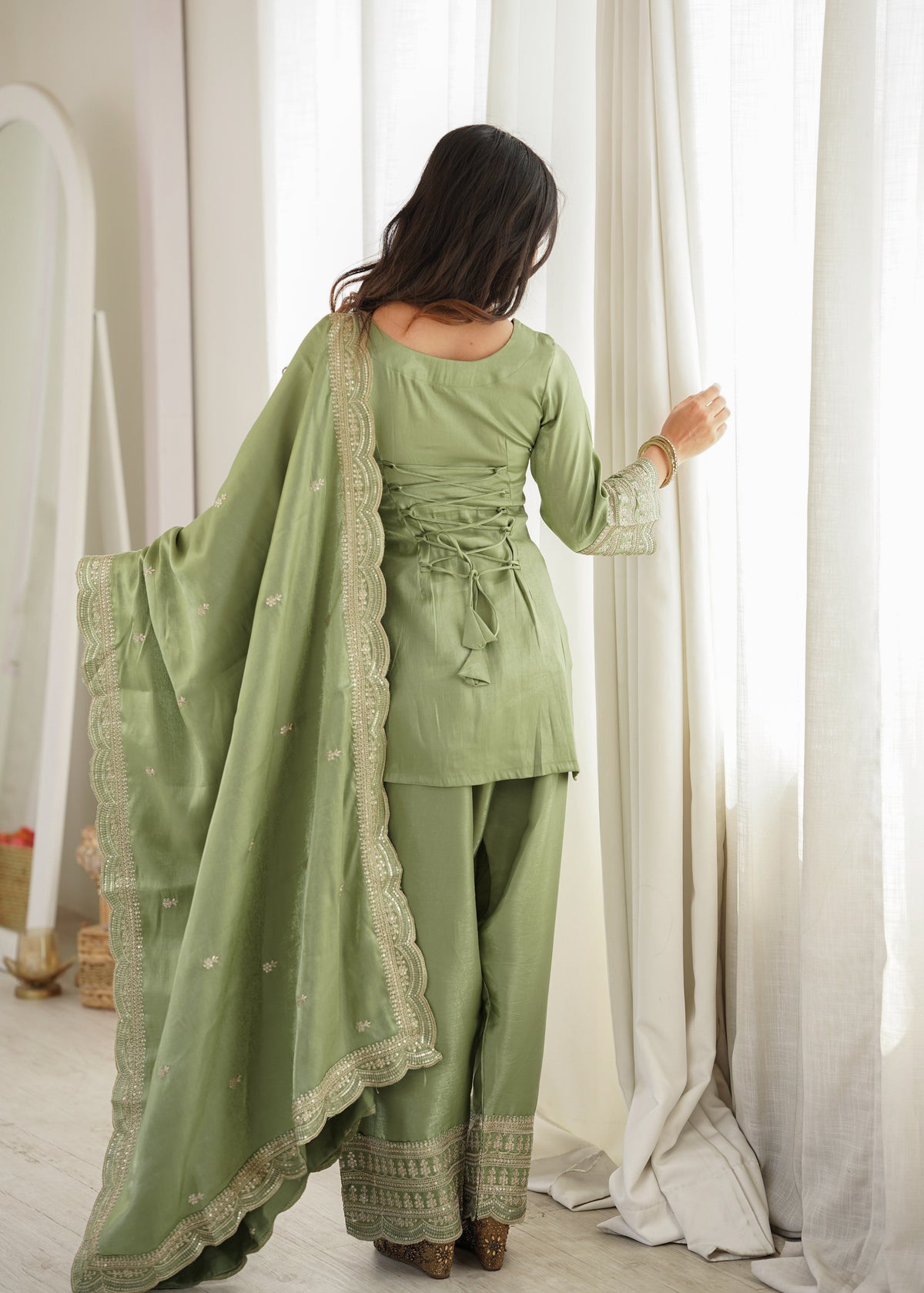 Sage Green Silk Farshi Salwar Suit with Embroidered Kurti & Dupatta