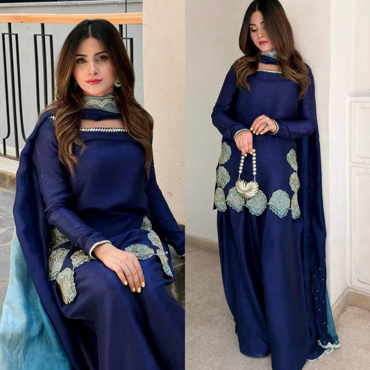 Navy Blue Farshi Salwar Suit with Embroidery & Chiffon Dupatta