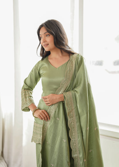 Sage Green Silk Farshi Salwar Suit with Embroidered Kurti & Dupatta