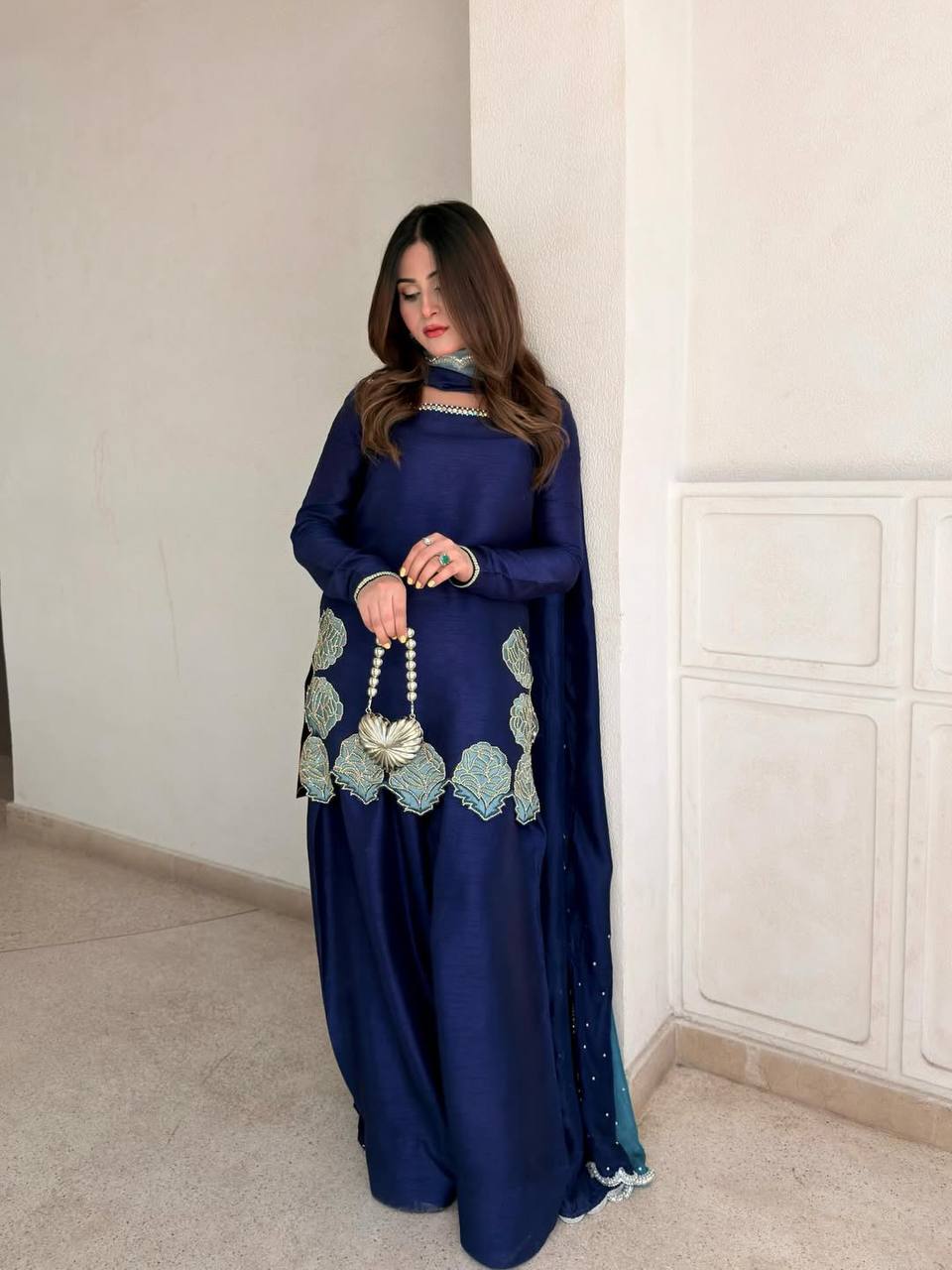 Navy Blue Farshi Salwar Suit with Embroidery & Chiffon Dupatta