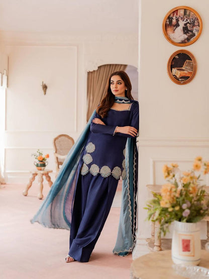 Navy Blue Farshi Salwar Suit with Embroidery & Chiffon Dupatta