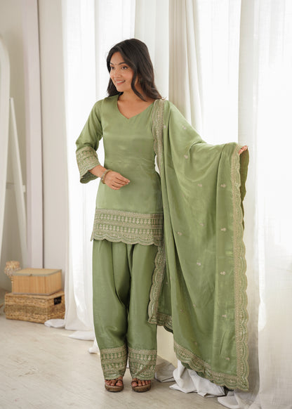 Sage Green Silk Farshi Salwar Suit with Embroidered Kurti & Dupatta