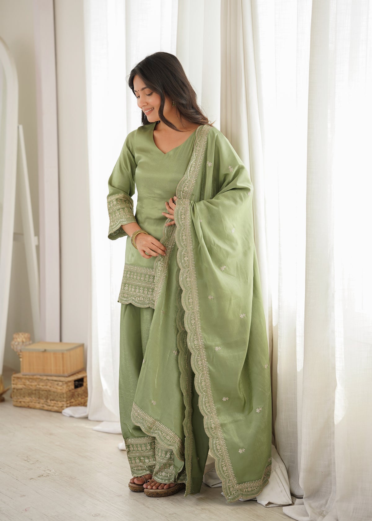 Sage Green Silk Farshi Salwar Suit with Embroidered Kurti & Dupatta