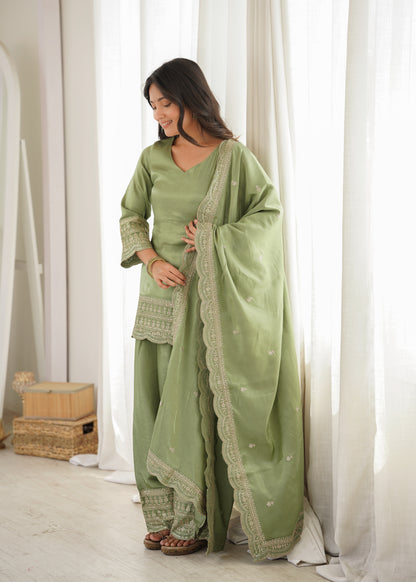 Sage Green Silk Farshi Salwar Suit with Embroidered Kurti & Dupatta