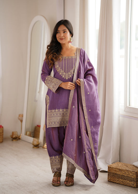 Purple Silk Farshi Salwar Suit with Heavy Embroidery Dupatta