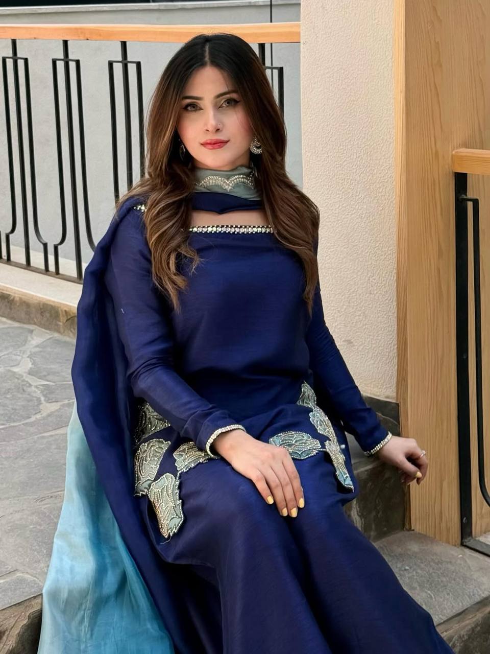 Navy Blue Farshi Salwar Suit with Embroidery & Chiffon Dupatta