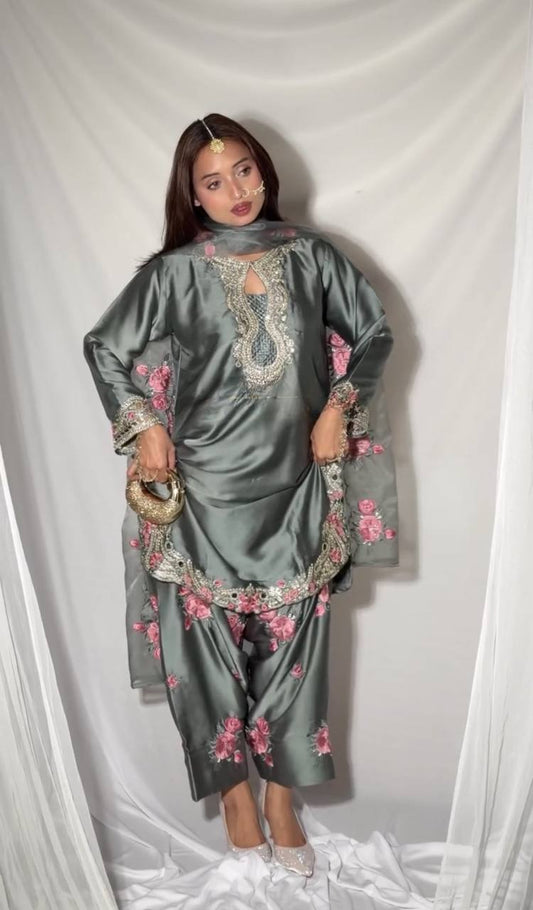 Steel Grey Japan Satin Farshi Salwar Suit with Embroidery Sequence Work Kurti