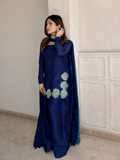 Navy Blue Farshi Salwar Suit with Embroidery & Chiffon Dupatta