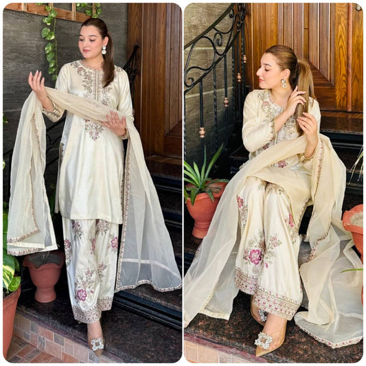 Cream Farshi Salwar Suit with Embroidery Work Kurti Set with Dupatta