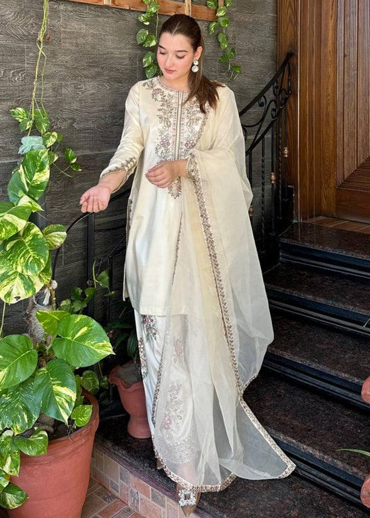 Cream Farshi Salwar Suit with Embroidery Work Kurti Set with Dupatta