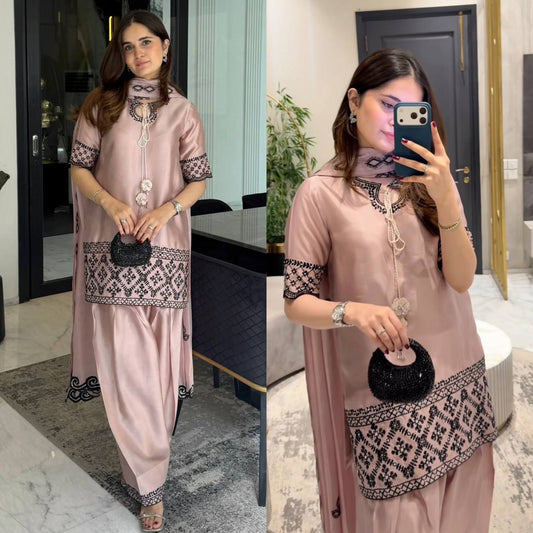 Blush Pink Silk Farshi Salwar Suit with Black Embroidery Work & Dupatta