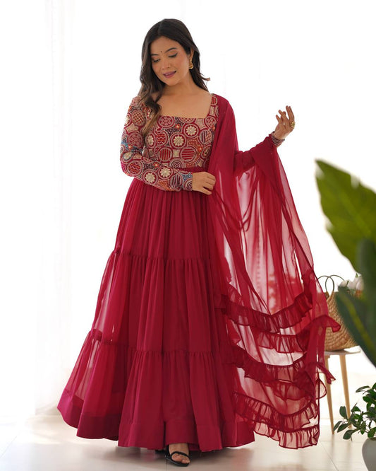 Wine Red Georgette Anarkali Gown with Heavy Embroidered Yoke & Ruffle Dupatta