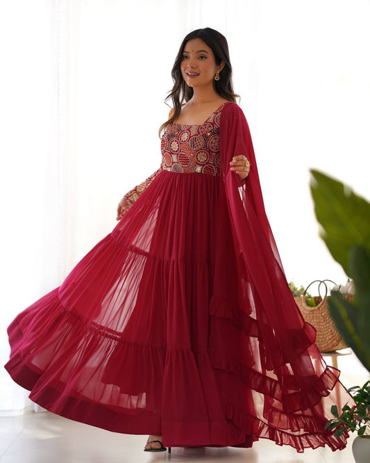 Wine Red Georgette Anarkali Gown with Heavy Embroidered Yoke & Ruffle Dupatta