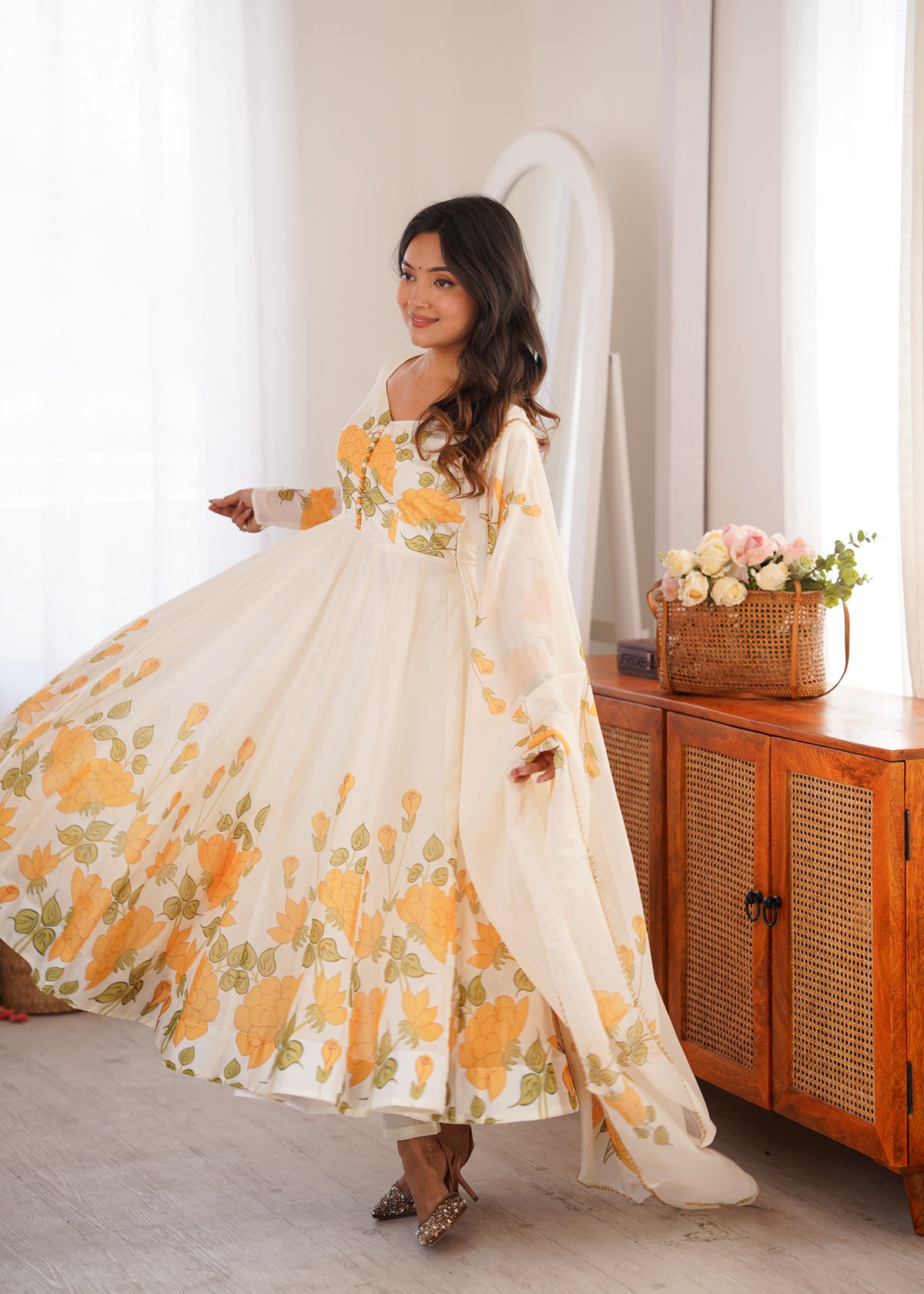 Designer Organza Silk Anarkali Suit with Floral Print Dupatta