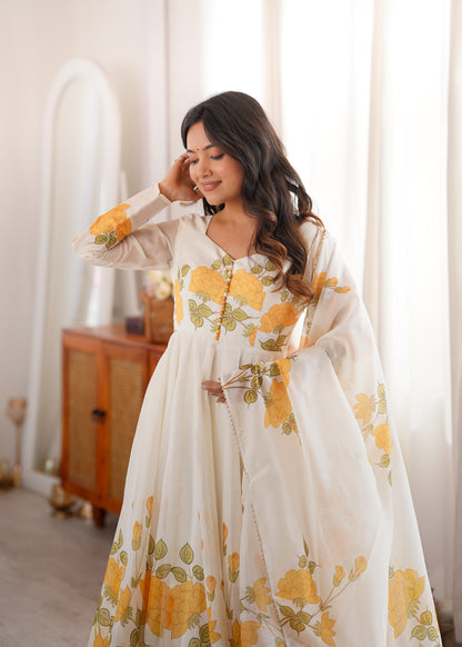 Designer Organza Silk Anarkali Suit with Floral Print Dupatta
