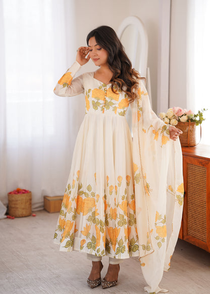 Designer Organza Silk Anarkali Suit with Floral Print Dupatta