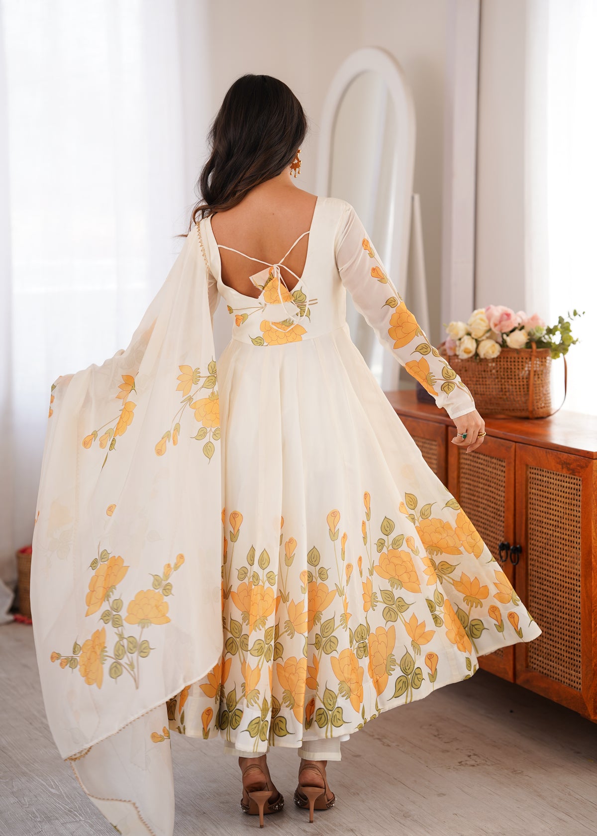 Designer Organza Silk Anarkali Suit with Floral Print Dupatta
