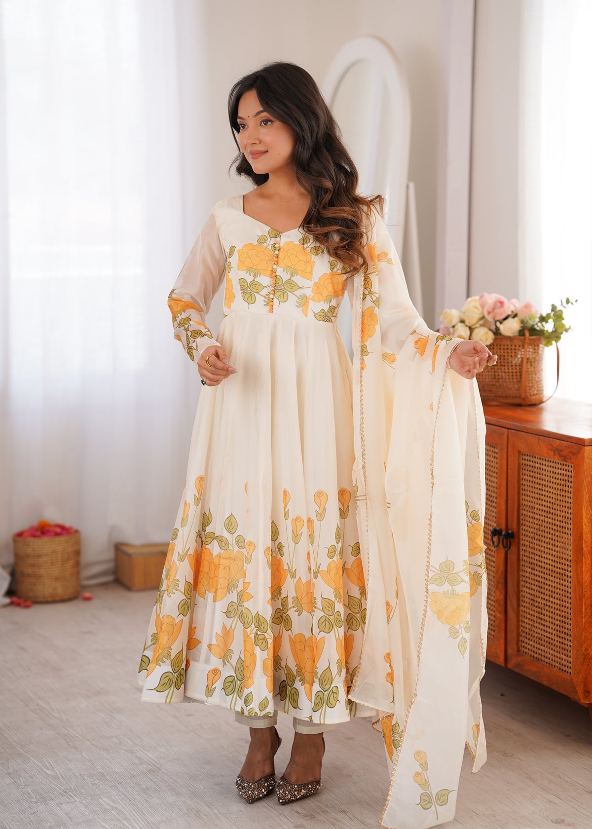 Designer Organza Silk Anarkali Suit with Floral Print Dupatta