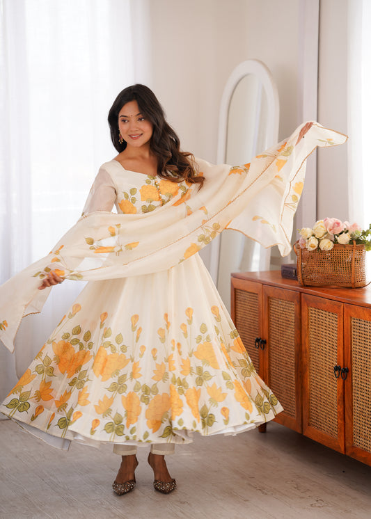 Designer Organza Silk Anarkali Suit with Floral Print Dupatta