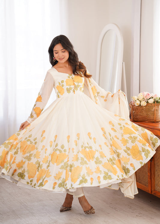 Designer Organza Silk Anarkali Suit with Floral Print Dupatta