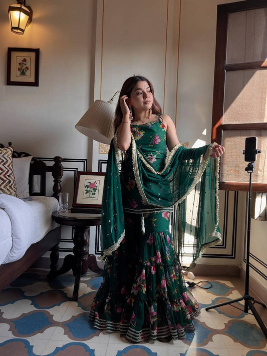 Green Floral Printed Georgette Sharara Set with Dupatta
