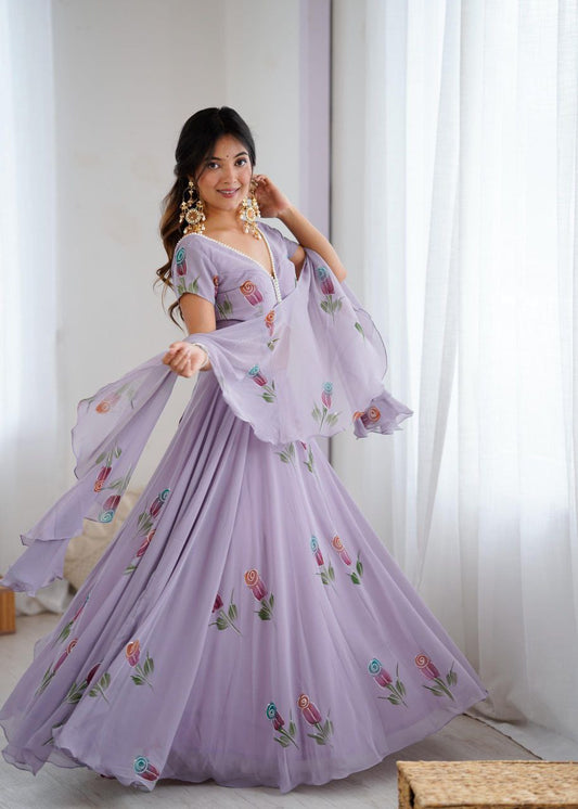 Lavender Floral Embroidered Soft Georgette Lehenga Choli Set