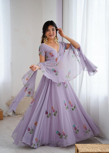 Lavender Floral Embroidered Soft Georgette Lehenga Choli Set