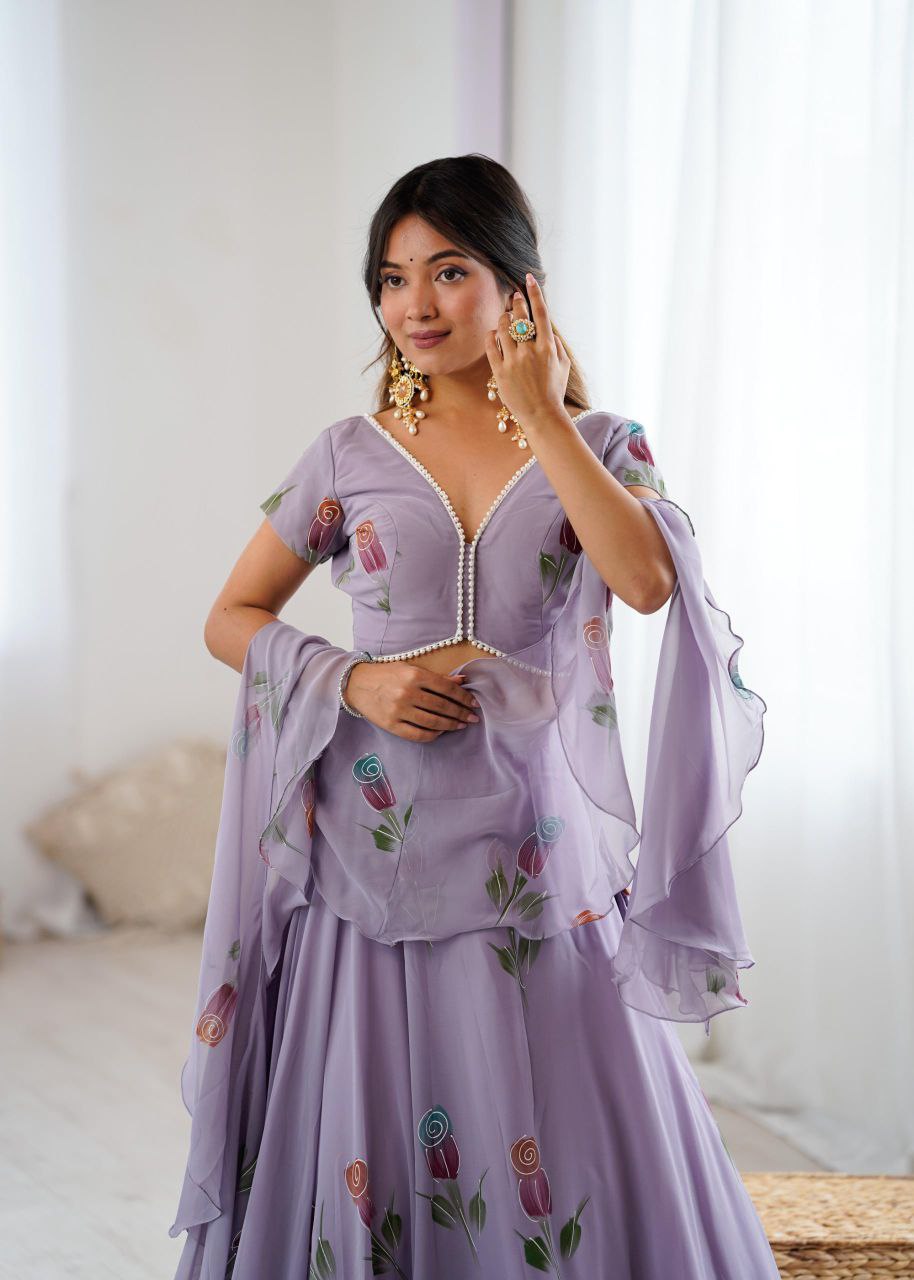 Lavender Floral Embroidered Soft Georgette Lehenga Choli Set