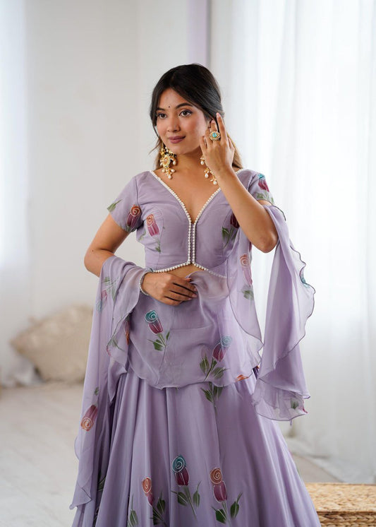 Lavender Floral Embroidered Soft Georgette Lehenga Choli Set