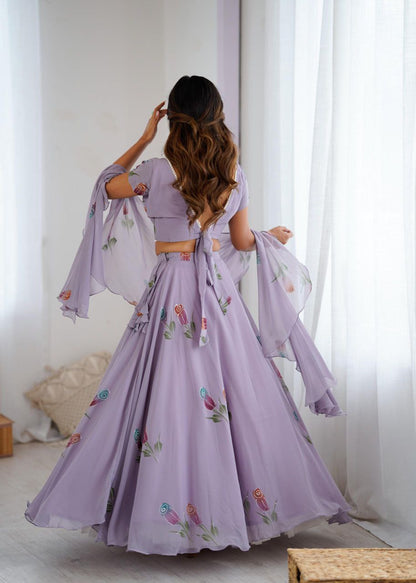 Lavender Floral Embroidered Soft Georgette Lehenga Choli Set