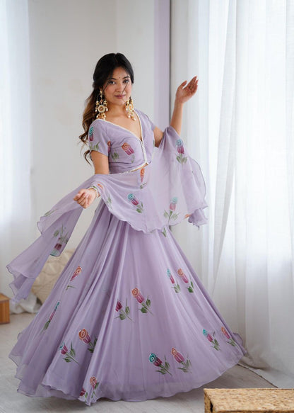 Lavender Floral Embroidered Soft Georgette Lehenga Choli Set