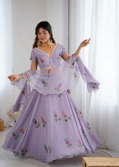 Lavender Floral Embroidered Soft Georgette Lehenga Choli Set
