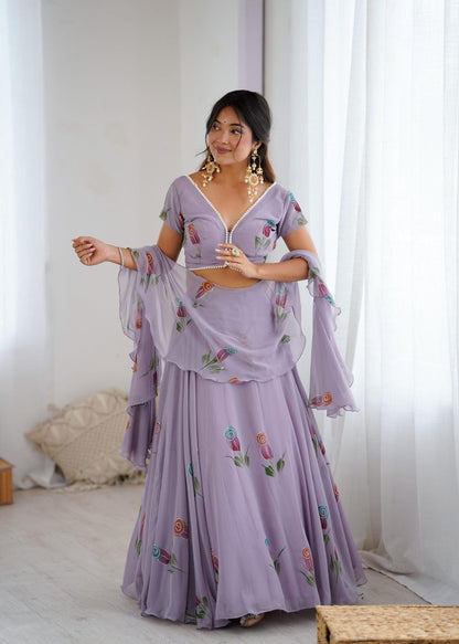 Lavender Floral Embroidered Soft Georgette Lehenga Choli Set