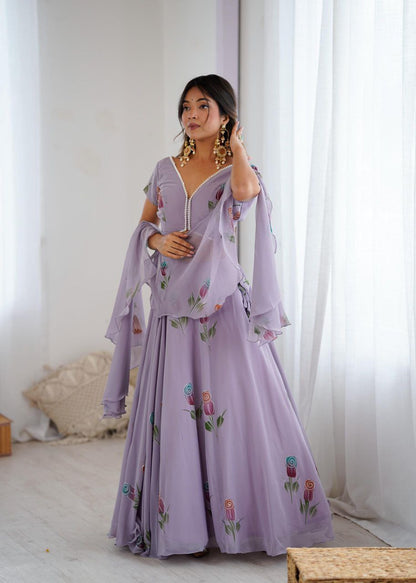 Lavender Floral Embroidered Soft Georgette Lehenga Choli Set