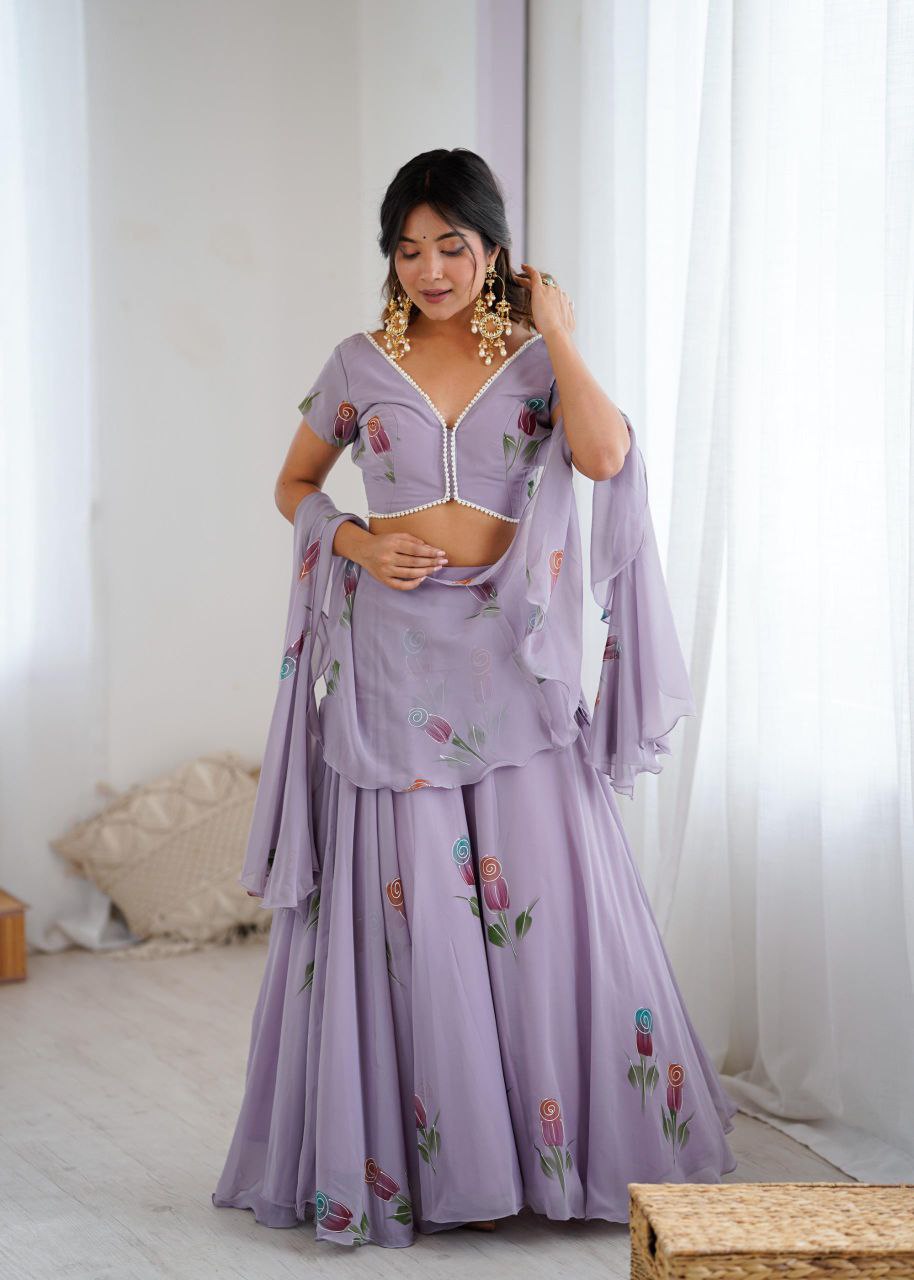 Lavender Floral Embroidered Soft Georgette Lehenga Choli Set