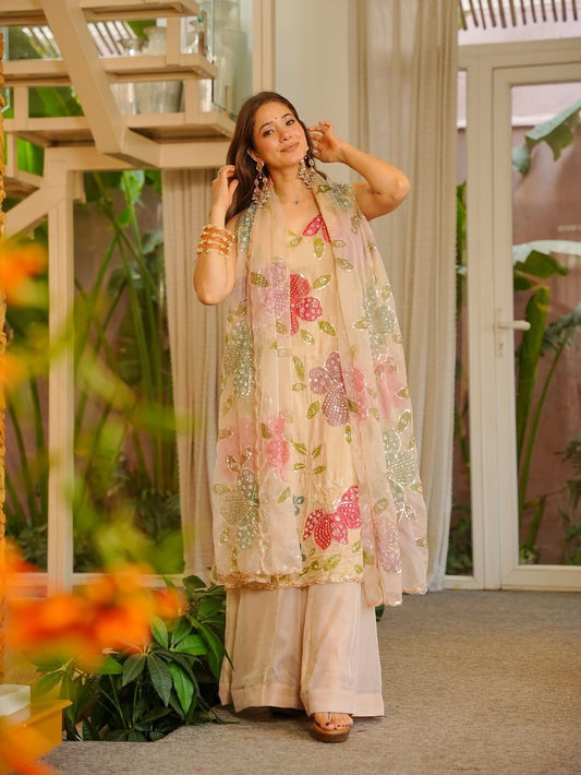 Elegant Organza Silk Floral Printed Kurti Palazzo Set with Dupatta