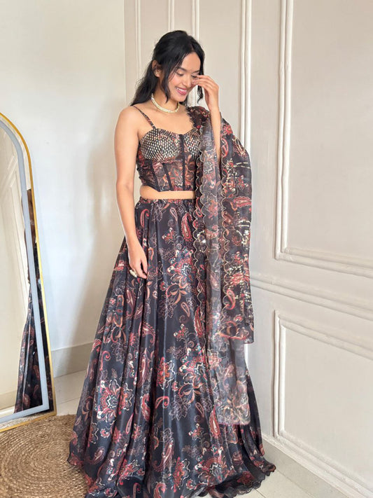Elegant Black organza Printed Lehenga with Corset Blouse & Dupatta