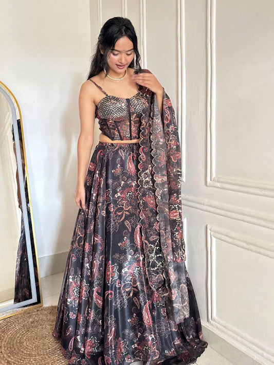 Elegant Black organza Printed Lehenga with Corset Blouse & Dupatta