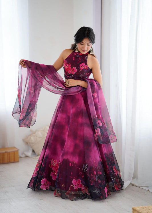 Magenta Floral Printed Organza Lehenga Set with Halter Neck Blouse & Dupatta