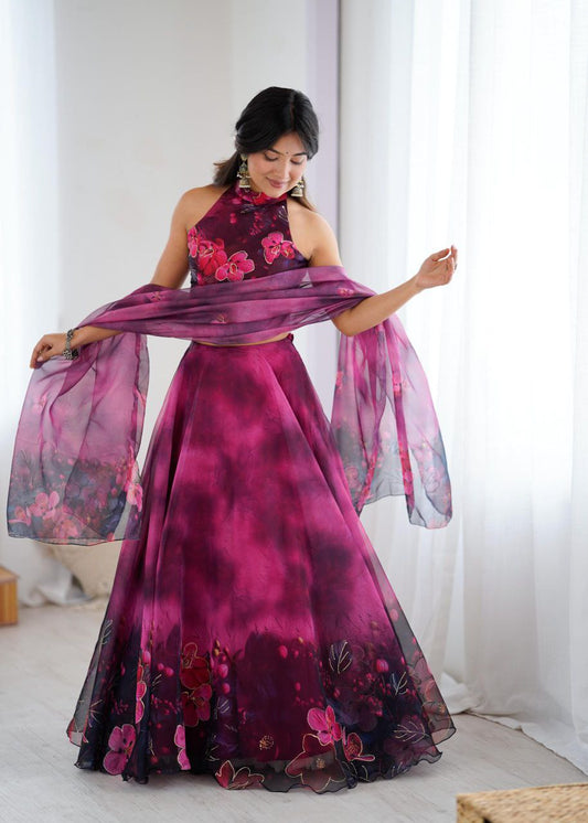 Magenta Floral Printed Organza Lehenga Set with Halter Neck Blouse & Dupatta
