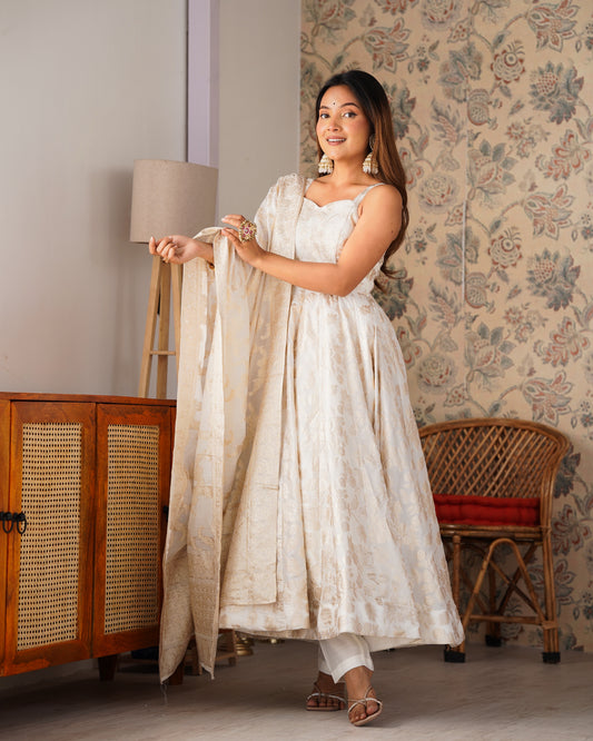 Ivory Banarasi Jacquard Dola Silk Anarkali Gown with Dupatta
