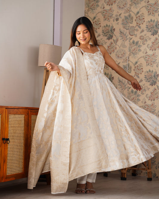 Ivory Banarasi Jacquard Dola Silk Anarkali Gown with Dupatta
