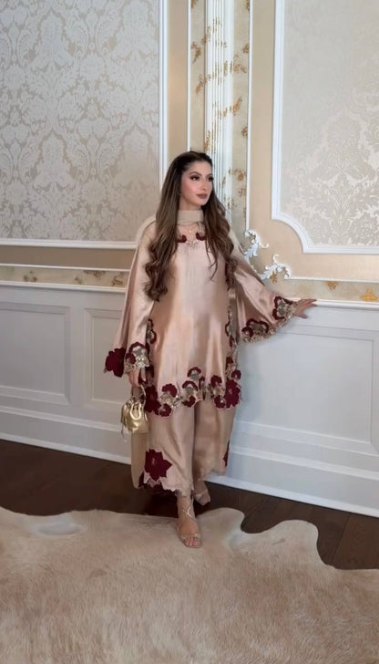Beige Silk Floral Embroidered Kurti Palazzo Set with Dupatta