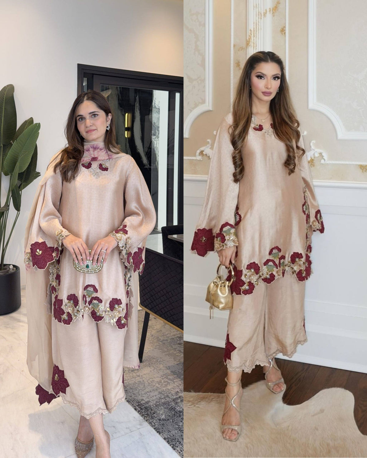 Beige Silk Floral Embroidered Kurti Palazzo Set with Dupatta