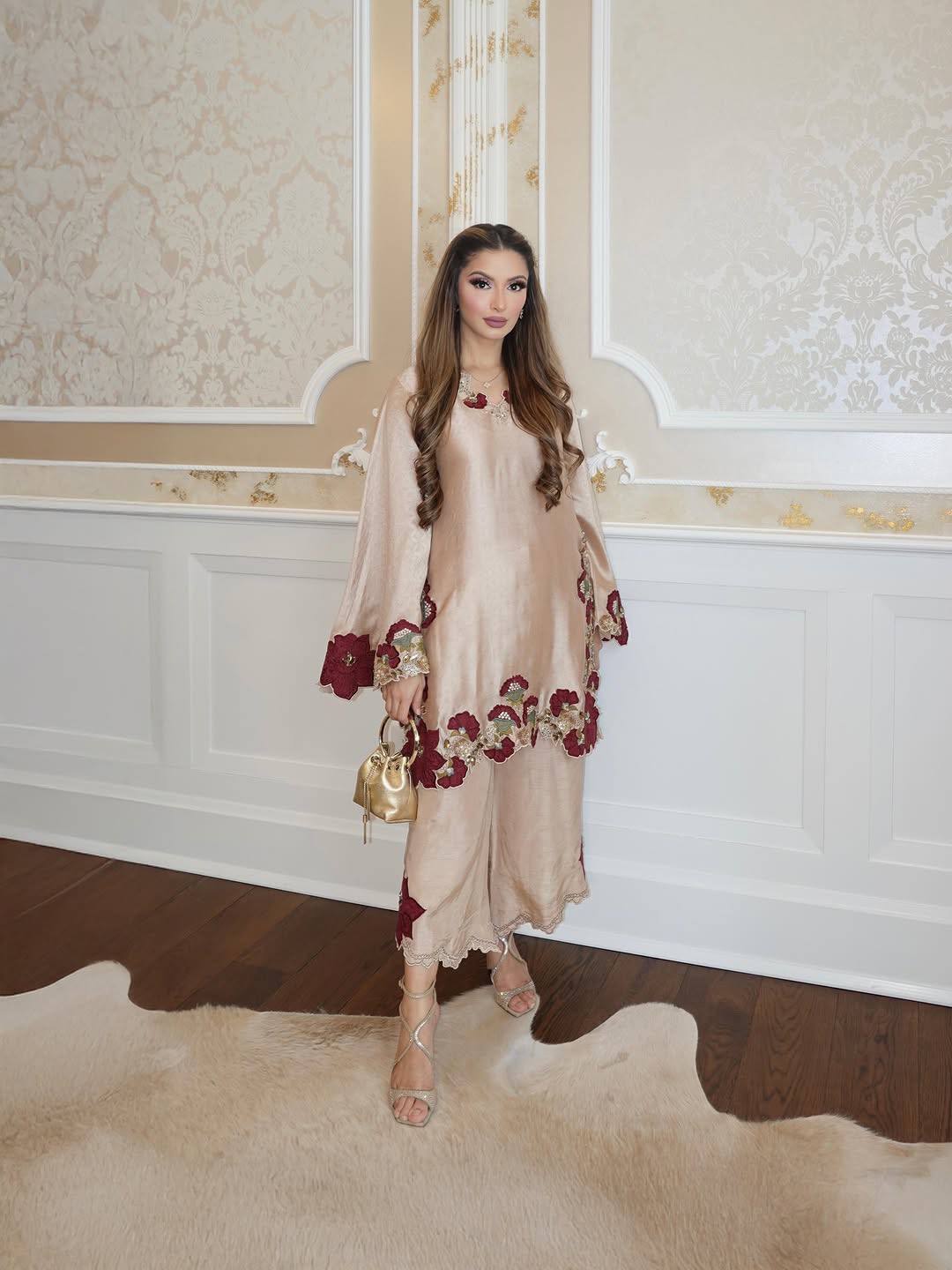 Beige Silk Floral Embroidered Kurti Palazzo Set with Dupatta