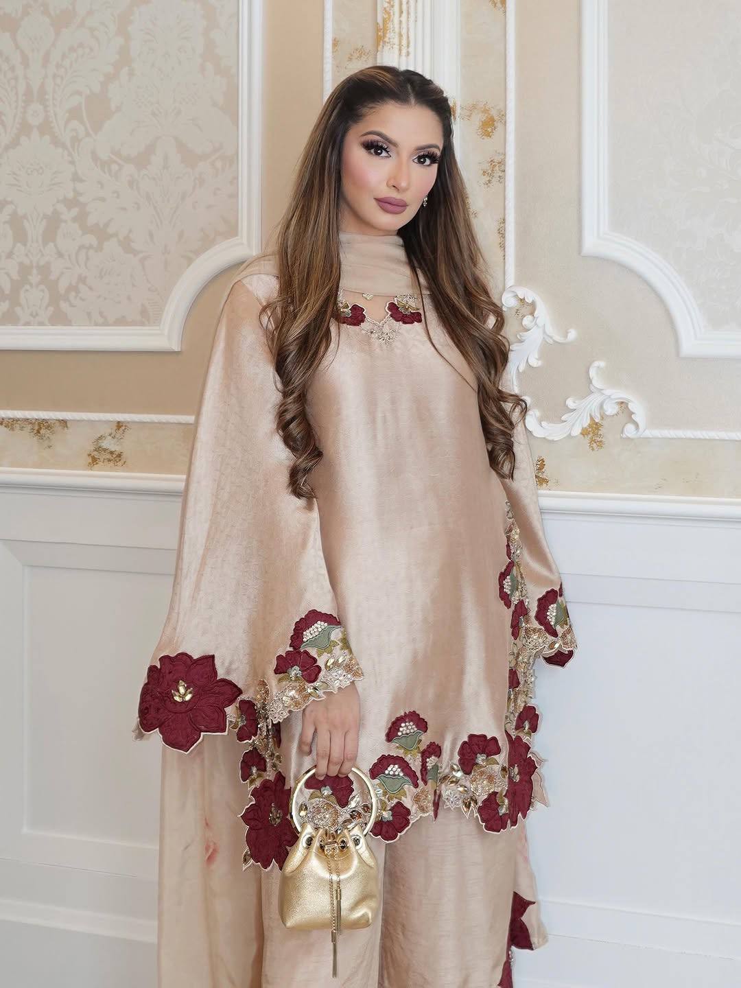 Beige Silk Floral Embroidered Kurti Palazzo Set with Dupatta