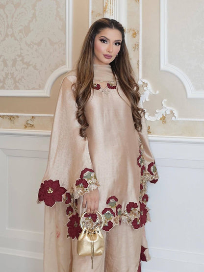 Beige Silk Floral Embroidered Kurti Palazzo Set with Dupatta