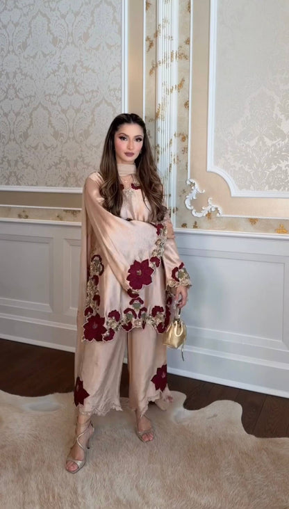 Beige Silk Floral Embroidered Kurti Palazzo Set with Dupatta
