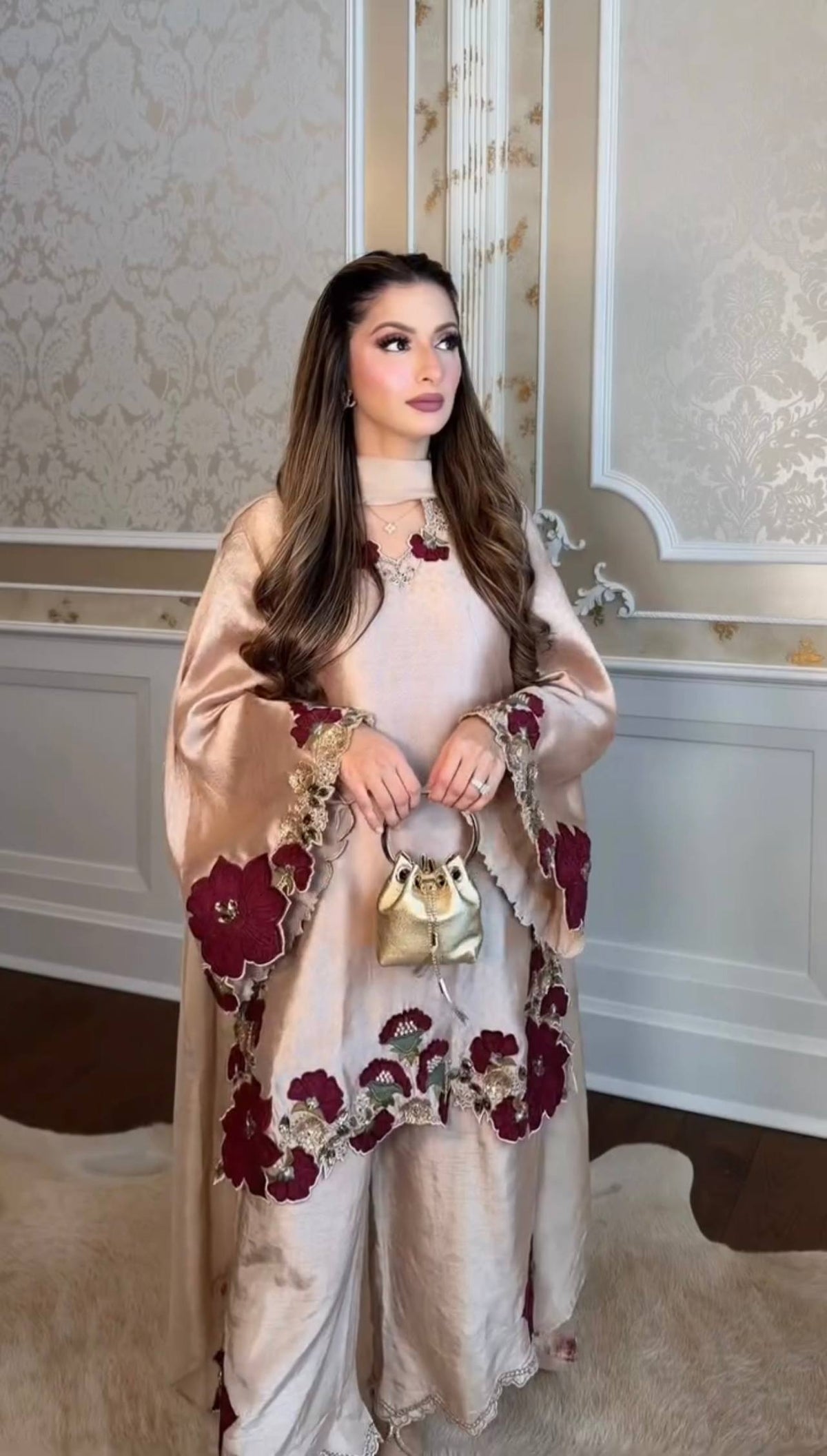 Beige Silk Floral Embroidered Kurti Palazzo Set with Dupatta
