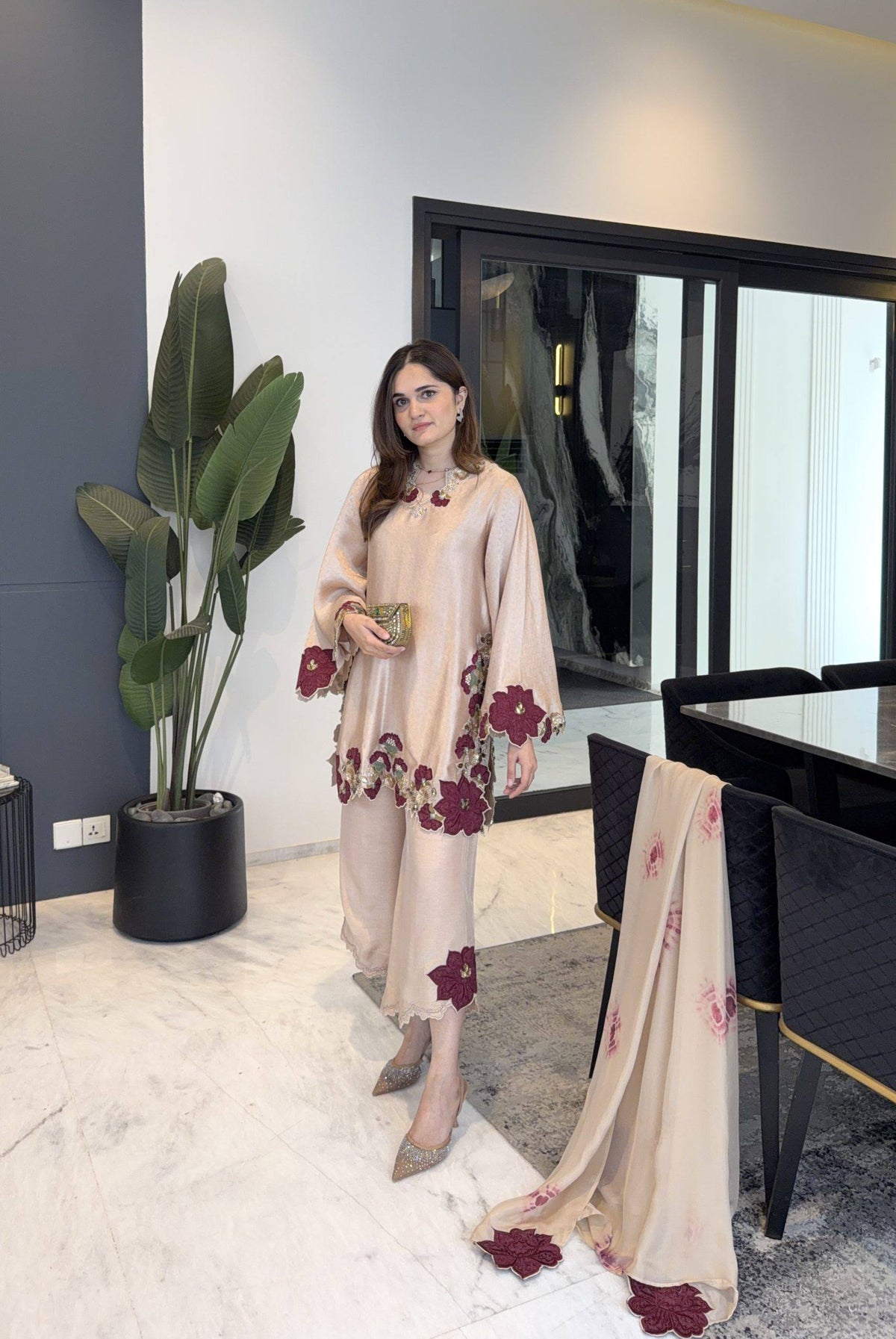 Beige Silk Floral Embroidered Kurti Palazzo Set with Dupatta